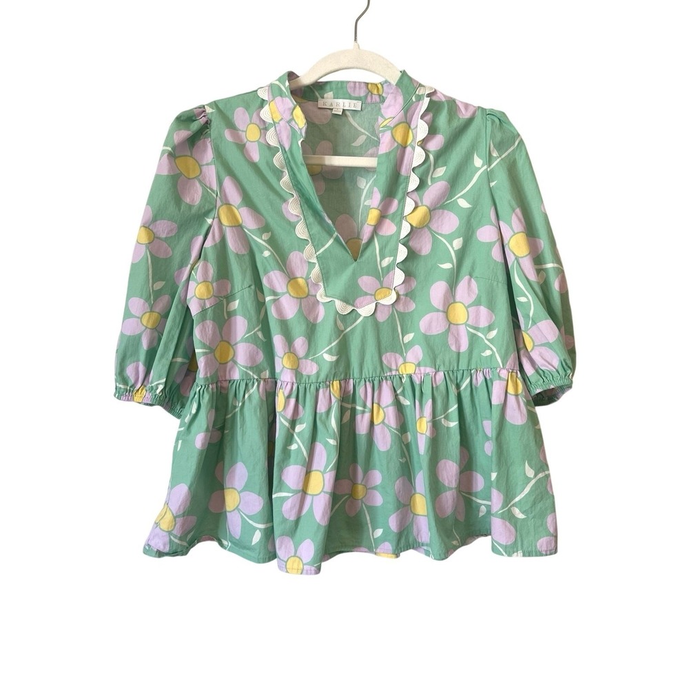 Karlie Green Floral Peplum Blouse L | Scalloped Neck 100% Cotton Spring Top